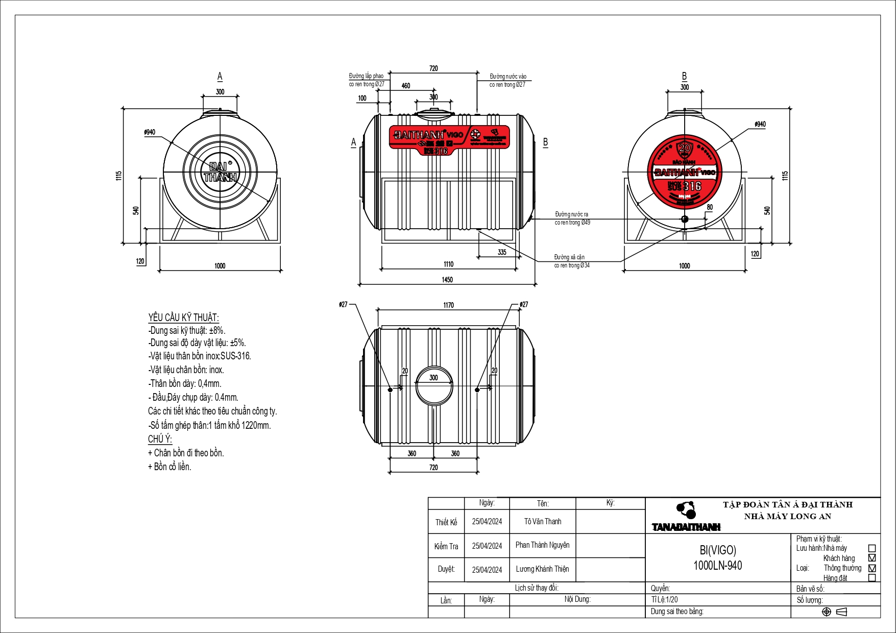 bồn nước inox 1000 lít SUS 316 nằm ngang